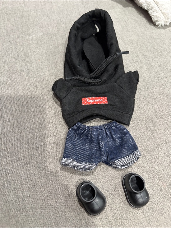 Supreme Other - Labubu or small doll Supreme Black Hoodie with Shorts Outfit